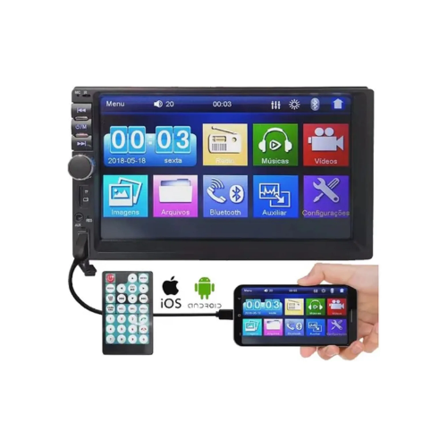 Central Multim&iacute;dia Automotiva 1 Din 7 Inch MP5 Bluetooth Com Tela Sens&iacute;vel Ao Toque USB/AUX/TF Mirror Link - Cód. 535