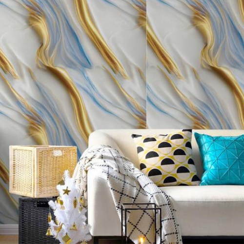 Kit 10 Placas Adesivas Parede Mármore Branco com Azul e Dourado 60x60 COD NY006 - Cód. 473