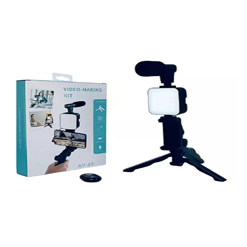 Kit Videomarker com Microfone, Luz de LED e Tripé – Preto - Cód. 433