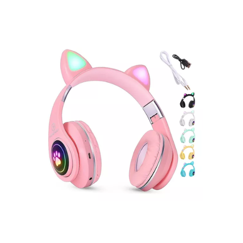 FONE ORELHAS GATO SEM FIO COM LED BLUETOOTH MÚSICA INFANTIL ROSA GATINHO HEADPHONE 109160002 GAMER