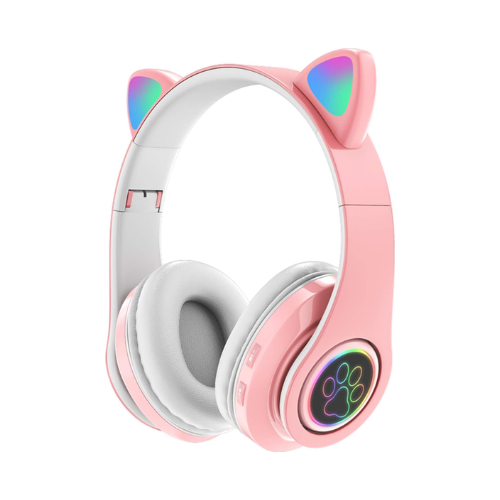 FONE ORELHAS GATO SEM FIO COM LED BLUETOOTH MÚSICA INFANTIL ROSA GATINHO HEADPHONE 109160002 GAMER