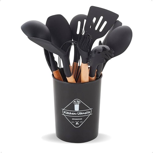 Jogo de Utensílios de Silicone 12 Peças – Colher, Espátula, Concha e Mais – Preto - Cód. 338